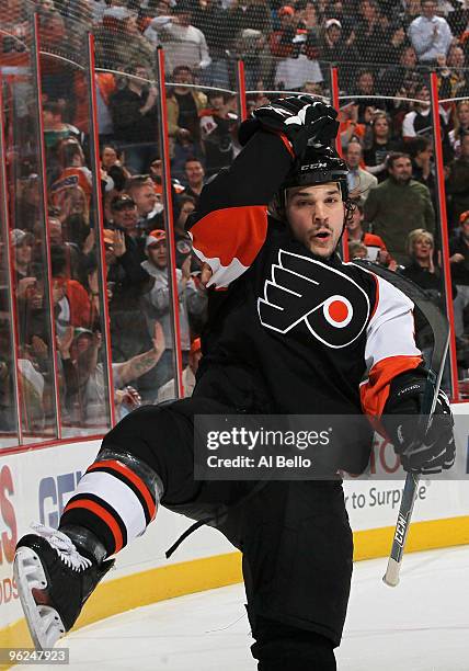 Dan Carcillo of The Philadelphia Flyers celebrates scoring a goal against of the Atlanta Thrashers during their game on January 28, 2010 at The...