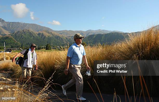 Joe Affrunti of the USA walks up to the 14th tee during day two of the New Zealand Open at The Hills Golf Club on January 29, 2010 in Queenstown, New...