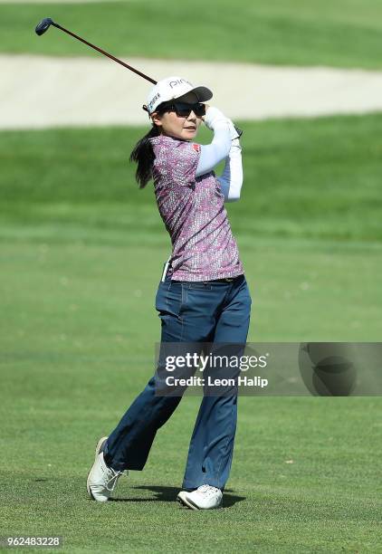 Ayako Uehara from Japan hits her approach shot on the 8th hole during round two of the LPGA Volvik Championship at Travis Pointe County Club on May...