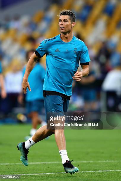 Cristiano Ronaldo of Real Madrid takes part in a training session prior to the UEFA Champions League final between Real Madrid and Liverpool at the...
