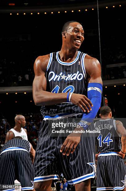 Dwight Howard of the Orlando Magic smiles during the game against the Boston Celtics during the game on January 28, 2010 at Amway Arena in Orlando,...