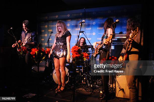 Scott Tournet, Grace Potter, Matt Burr, Catherine Popper and Ben Yurco of Grace Potter and the Nocturnals perform onstage at Music Cafe - Day 7...
