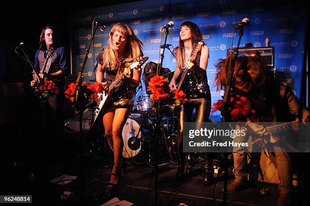 Scott Tournet, Grace Potter, Matt Burr, Catherine Popper and Ben Yurco of Grace Potter and the Nocturnals perform onstage at Music Cafe - Day 7...