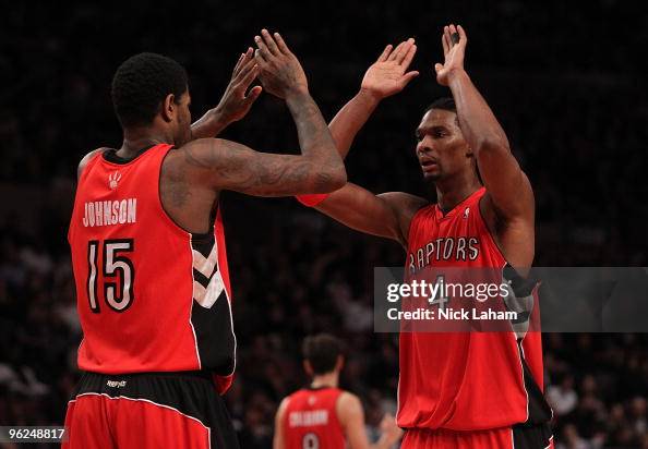 Bosh Raptors Chris Bosh of the Toronto Raptors celebrates a basket with teammate ...