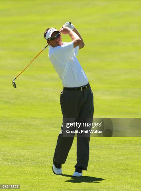 Jim Herman of the USA plays a shot on the 13th hole during day two of the New Zealand Open at The Hills Golf Club on January 29, 2010 in Queenstown,...