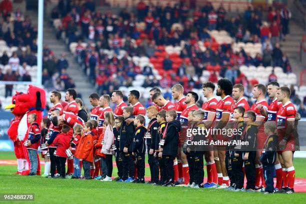 Hull KR players line up during the Betfred Super League at KCOM Craven Park on May 25, 2018 in Hull, England.