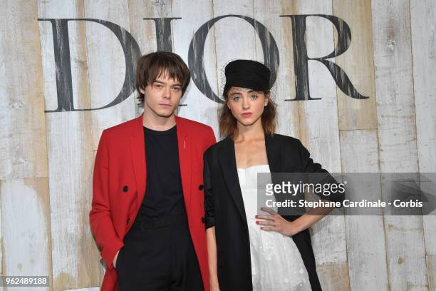 Charlie Heaton and Natalia Dyer attend the Christian Dior Couture S/S19 Cruise Collection on May 25, 2018 in Chantilly, France.