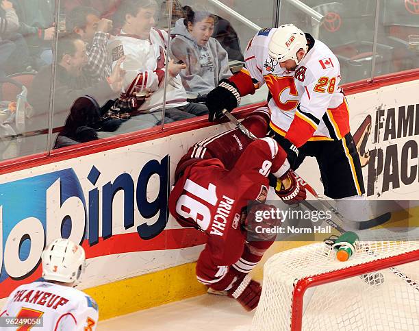 Robyn Regehr of the Calgary Flames checks Petr Prucha of the Phoenix Coyotes on January 28, 2010 at Jobing.com Arena in Glendale, Arizona.