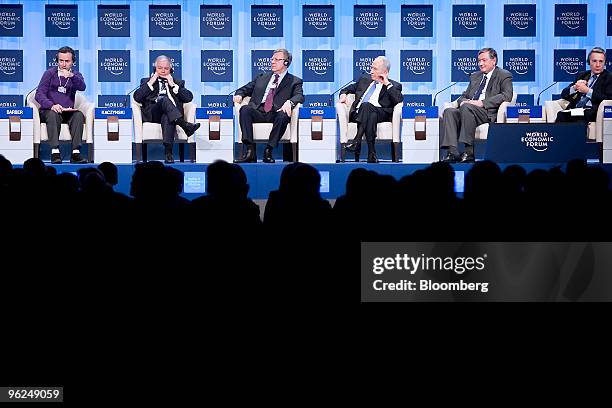 Panelists, from right, Alvaro Uribe, president of Colombia, Danilo Turk, president of Slovenia, Shimon Peres, president of Israel, Alexei Kudrin,...