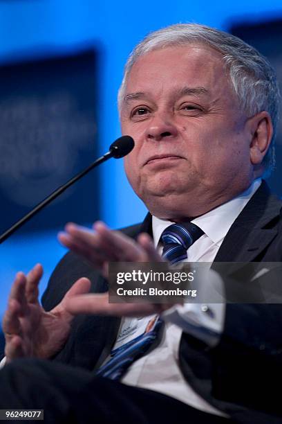 Lech Kaczyinski, president of Poland, takes part in an interactive session on day two of the 2010 World Economic Forum annual meeting in Davos,...