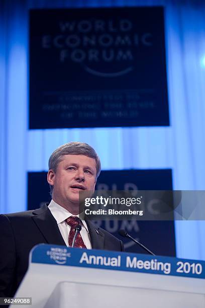 Stephen Harper, prime minister of Canada, speaks during a plenary session on day two of the 2010 World Economic Forum annual meeting in Davos,...