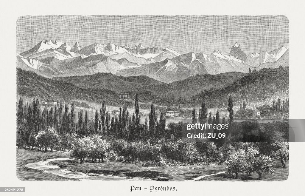Valle de Pau, Pirineos, Francia, grabado en madera, publicado en 1897