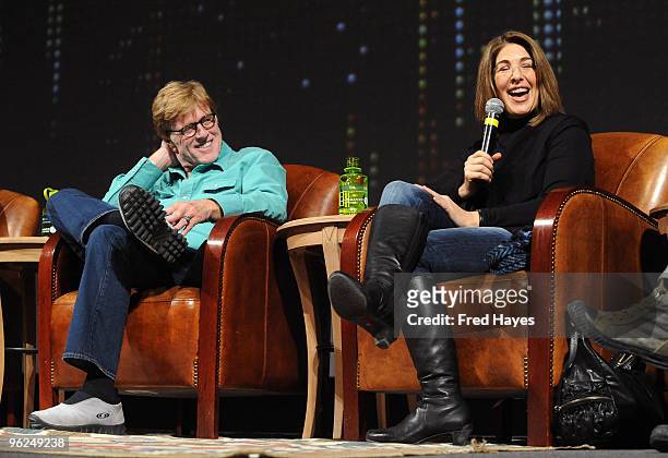 Sundance Institute Founder and President Robert Redford and author Naomi Klein speak at "The Shock Doctrine" screening at Eccles Center Theatre...