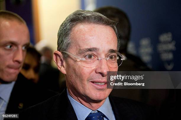 Alvaro Uribe, president of Colombia, attends day two of the 2010 World Economic Forum annual meeting in Davos, Switzerland, on Thursday, Jan. 28,...