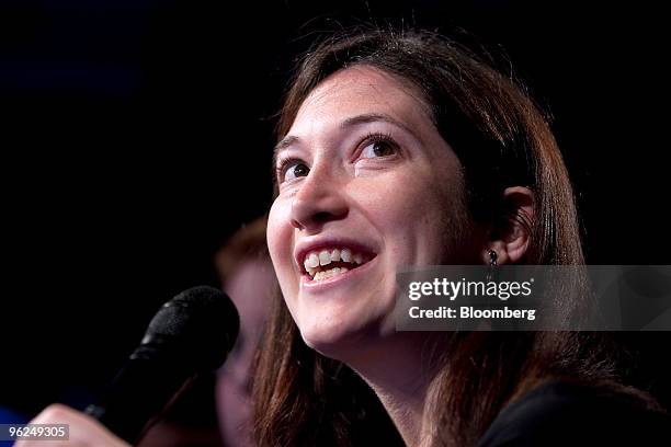 Randi Zuckerberg, director of market development for Facebook Inc., asks a question to panelists during a discussion titled "Will India Meet Global...