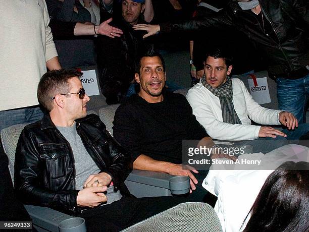 Joey McIntyre, Danny Wood and Jonathan Knight of the New Kids On The Block promote "Coming Home" at AMC Loews Raceway 10 on January 28, 2010 in...