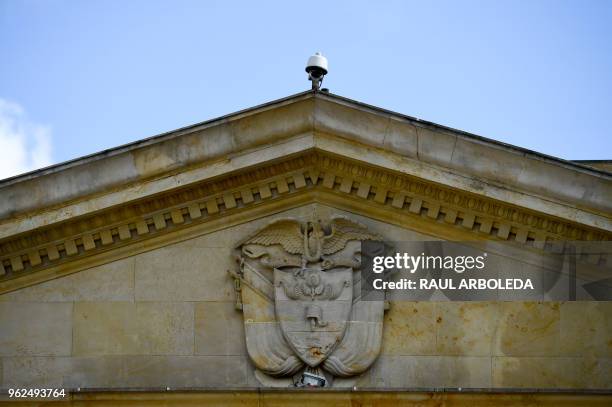 Detail of the facade of the Casa de Narino presidential palace in Bogota, taken on May 25, 2018. - Colombia holds presidential elections on May 27.