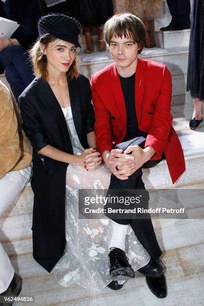 Natalia Dyer and Charlie Heaton attend the Christian Dior Couture S/S19 Cruise Collection on May 25, 2018 in Chantilly, France.