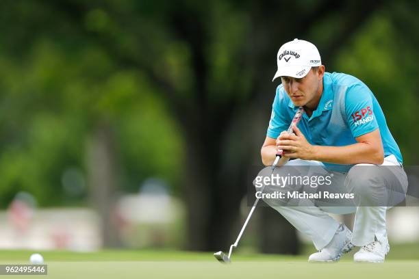 Emiliano Grillo of Argentina lines up a putt on the sixth green during round two of the Fort Worth Invitational at Colonial Country Club on May 25,...