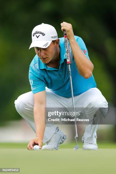 Emiliano Grillo of Argentina lines up a putt on the sixth green during round two of the Fort Worth Invitational at Colonial Country Club on May 25,...