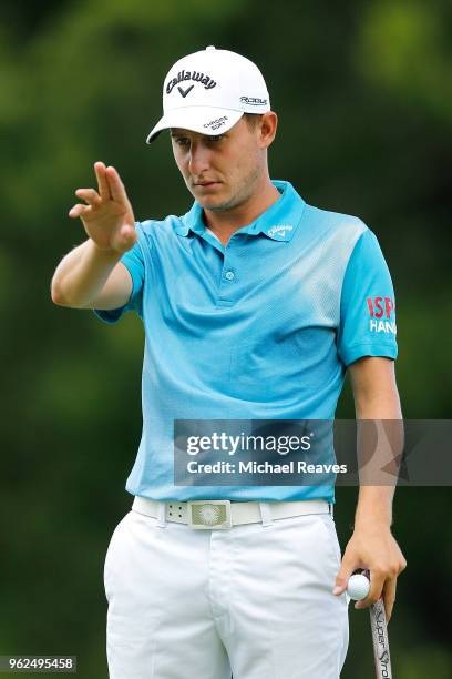 Emiliano Grillo of Argentina lines up a putt on the sixth green during round two of the Fort Worth Invitational at Colonial Country Club on May 25,...