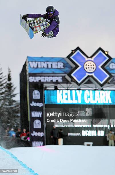 Kelly Clark does a frontside air above the halfpipe during the Women's Snowboard Superpipe Eliminations at Winter X Games 14 at Buttermilk Mountain...