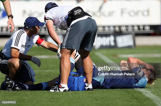 Ali Williams of the Blues lies down injured during the Super 14 trial match between the Blues and the Chiefs at North Harbour Stadium on January 29,...