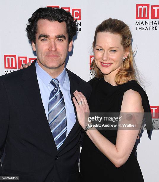 Actors Brian D'Arcy James and Laura Linney attend the opening night party for "Time Stands Still" on Broadway at Planet Hollywood Times Square on...