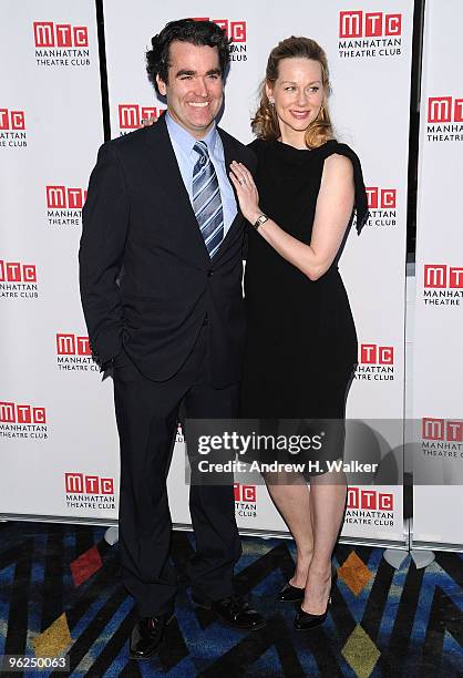 Actors Brian D'Arcy James and Laura Linney attend the opening night party for "Time Stands Still" on Broadway at Planet Hollywood Times Square on...