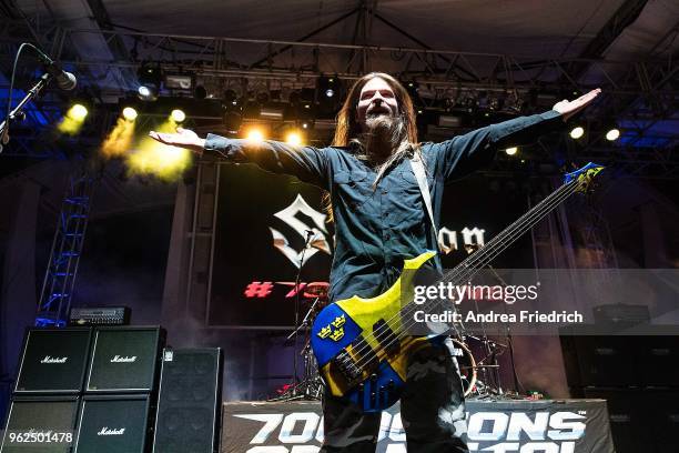 Pär Sundström of Sabaton performs onboard the cruise liner 'Independence of the Seas' during the '70000 Tons of Metal' Heavy Metal Cruise Festival on...