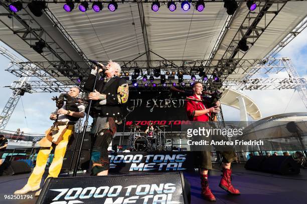 Yellow Pfeiffer, Das Letzte Einhorn, and Flex Der Biegsame of In Extremo perform onboard the cruise liner 'Independence of the Seas' during the...