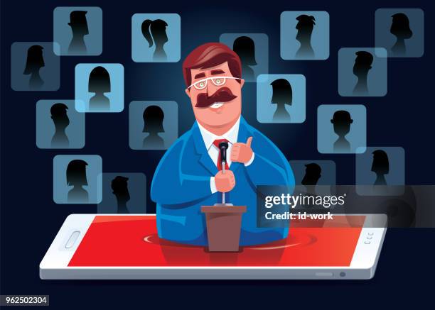 man delivery speech via smartphone - skype meeting silhouette stock illustrations