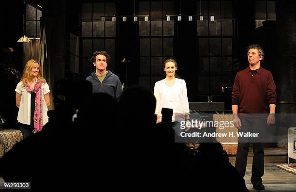 Actors Laura Linney, Brian d'Arcy James, Alicia Silverstone and Eric Bogosian take their bow at the opening night of "Time Stands Still" on Broadway...