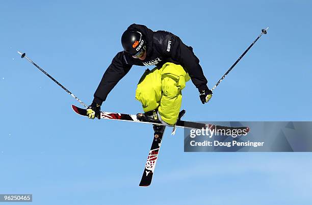 Andreas Hatveit of Norway does an aerial maneuver as he descends the course during the Men's Skiing Slopestyle Eliminations during Winter X Games 14...