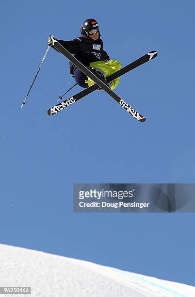 Andreas Hatveit of Norway does an aerial maneuver as he descends the course during the Men's Skiing Slopestyle Eliminations during Winter X Games 14...