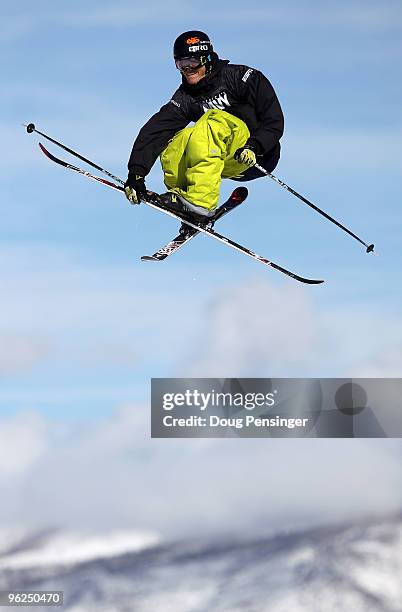 Andreas Hatveit of Norway does an aerial maneuver as he descends the course during the Men's Skiing Slopestyle Eliminations during Winter X Games 14...