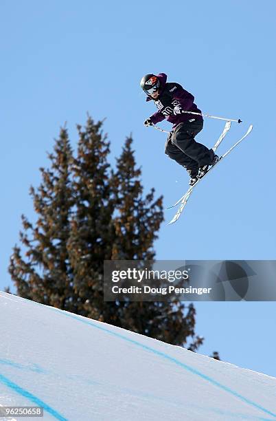 Sarah Burke of Canada does an aerial maneuver as she descends the course to finish sixth in the Women's Skiing Slopestyle Finals during Winter X...