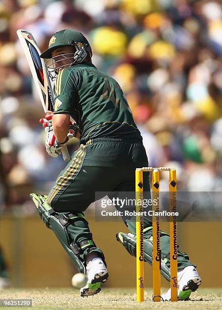 Nathan Hauritz of Australia bats during the fourth One Day International match between Australia and Pakistan at WACA on January 29, 2010 in Perth,...