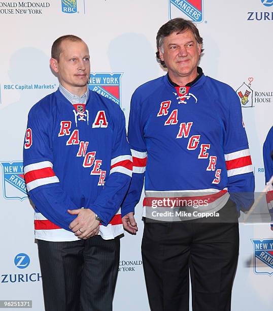 Former New York Rangers hockey players Ron Greschner and Adam Graves attend the 16th Annual Skate With The Greats at Rockefeller Center on January...