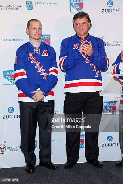 Former New York Rangers hockey players Ron Greschner and Adam Graves attend the 16th Annual Skate With The Greats at Rockefeller Center on January...