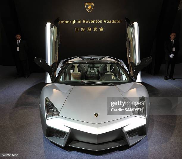Lamborghini latest Reventon Roadster sports car is on display during an exhibition at the Taipei 101 department store on January 29, 2010. The...