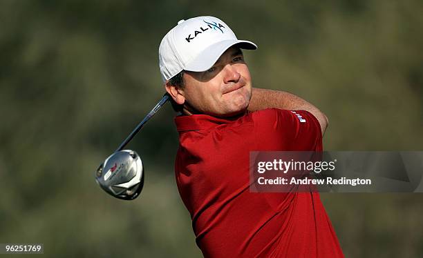 Paul Lawrie of Scotland hits his tee-shot on the 15th hole during the second round of the Commercialbank Qatar Masters at Doha Golf Club on January...