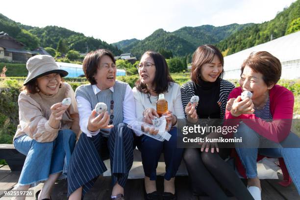 gruppe von hochrangigen japanischen weiblich süßigkeiten essen - japanese sweet stock-fotos und bilder