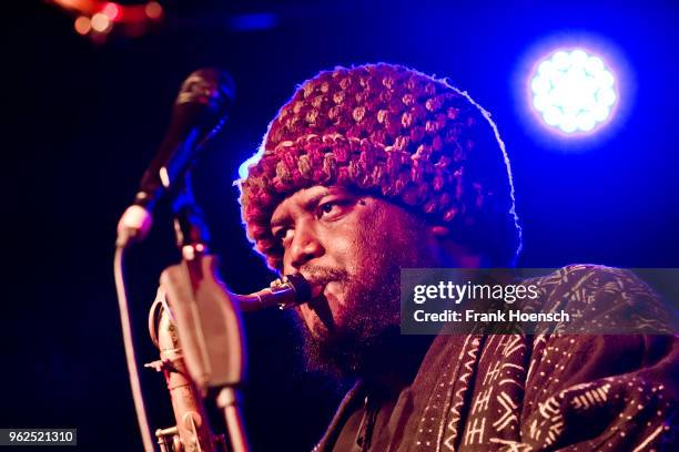 American musician Kamasi Washington performs live on stage during a concert at the Astra on May 25, 2018 in Berlin, Germany.