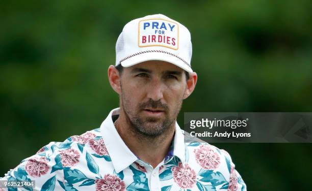 Jake Owen wears a hat looking for support for birdies during the second round of the Nashville Golf Open at the Nashville Golf and Athletic Club on...