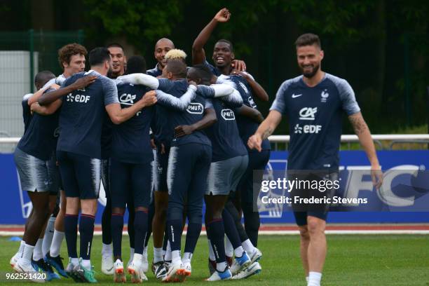 France's midfielder Paul Pogba during a training session at the French national football team centre in Clairefontaine-en-Yvelines on May 25, 2018 in...