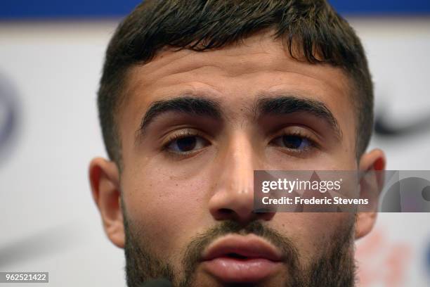 France's forward Nabil Fekir is seen during a press conference at the french national football team centre in Clairefontaine-en-Yvelines on May 25,...