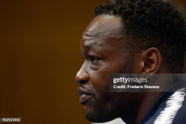 France's goalkeeper Steve Mandanda is seen during a press conference at the french national football team centre in Clairefontaine-en-Yvelines on May...