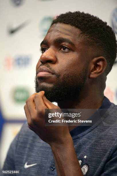 France's defender Samuel Umtiti is seen during a press conference at the french national football team centre in Clairefontaine-en-Yvelines on May...