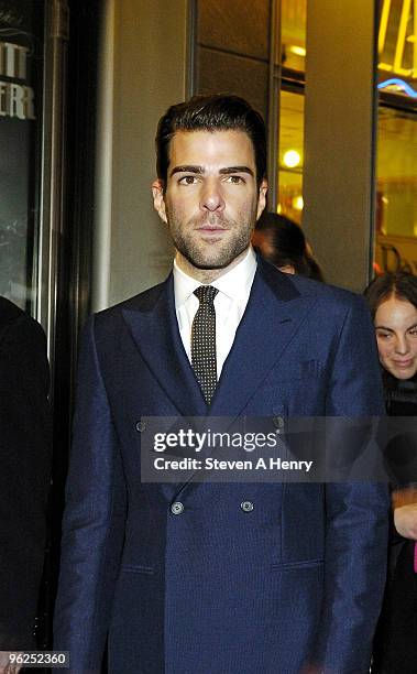 Actor Zachary Quinto attends the opening night of "Present Laughter" on Broadway at the American Airlines Theatre on January 21, 2010 in New York...